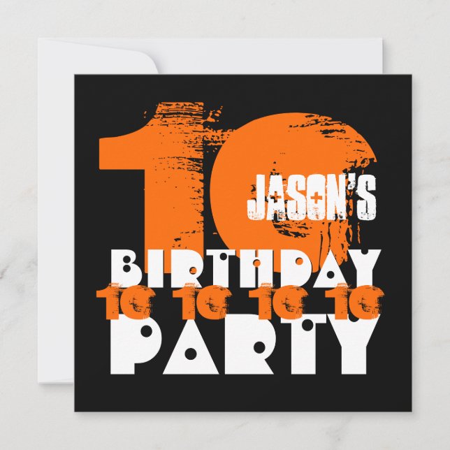ORANGE BLACK 10th Birthday Party 10 Year Old V02C Invitation (Front)