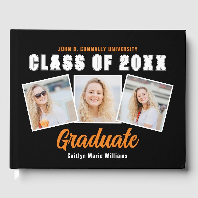 Orange Black 3 Photo Class of 2025 Graduation Guest Book (Front)