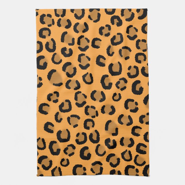 Orange, Black and Brown Leopard Print Pattern. Tea Towel (Vertical)