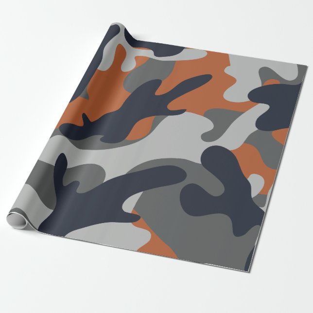 Orange, Black, and Grey Camouflage Style  Wrapping Paper (Unrolled)