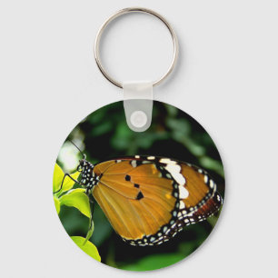 Orange, Black and White Butterfly on Leaf Key Ring