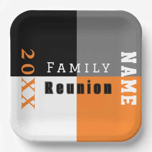 Orange, black and white custom family reunion paper plate (Front)