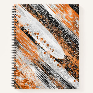 Orange, Black, and White Glitter Brush Strokes Notebook