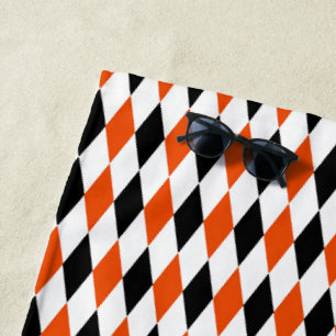 Orange Black and White Harlequin Diamonds Pattern  Beach Towel