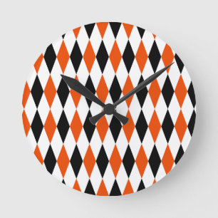 Orange Black and White Harlequin Diamonds Pattern Round Clock