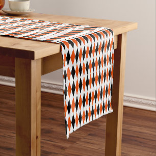 Orange Black and White Harlequin Diamonds Pattern Short Table Runner