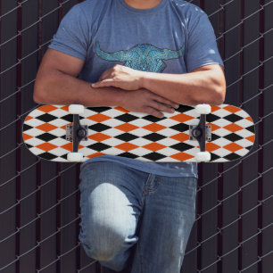 Orange Black and White Harlequin Diamonds Pattern Skateboard