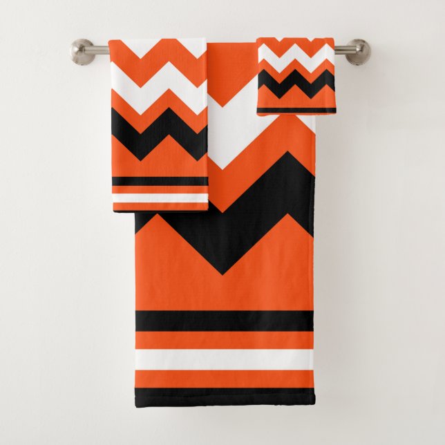 Orange Black and White Straight Zig Patterned Bath Towel Set (Insitu)