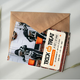 Orange Black and White Trick Or Treat Halloween  Invitation