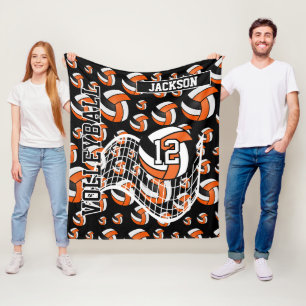 Orange, Black and White Volleyball Pattern Fleece Blanket