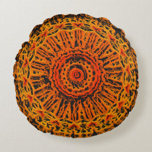 Orange, Black and Yellow Abstract Round Cushion
