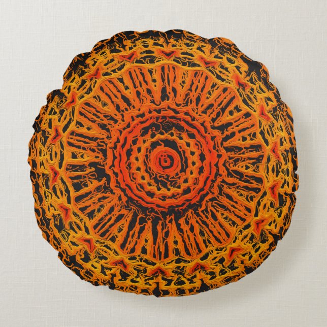 Orange, Black and Yellow Abstract Round Cushion (Front)