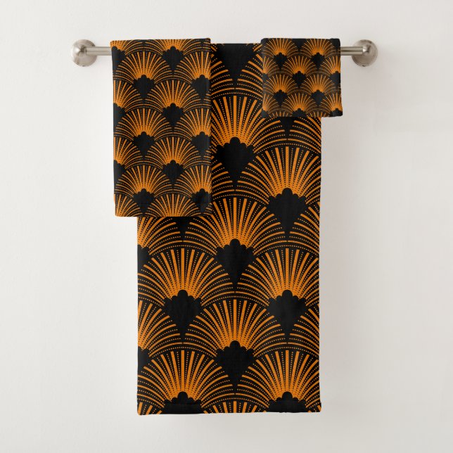 Orange & black art-deco pattern bath towel set (Insitu)