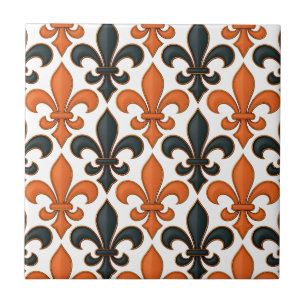 Orange Black Baroque Fleur-de-lis Pattern Design Ceramic Tile