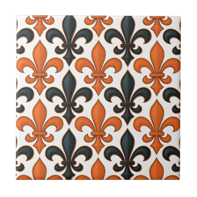 Orange Black Baroque Fleur-de-lis Pattern Design  Ceramic Tile (Front)