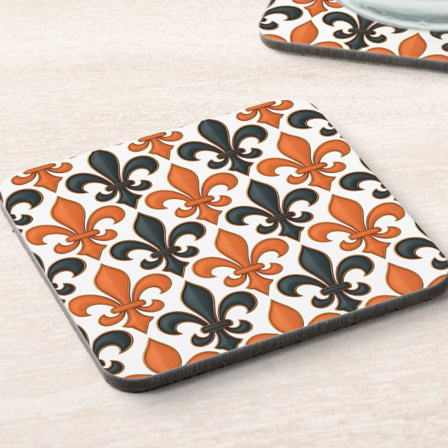 Orange Black Baroque Fleur-de-lis Pattern Design  Coaster (Creator Uploaded)