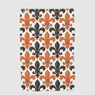 Orange Black Baroque Fleur-de-lis Pattern Design Golf Towel