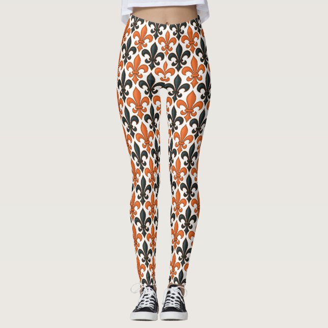 Orange Black Baroque Fleur-de-lis Pattern Design  Leggings (Front)