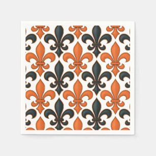Orange Black Baroque Fleur-de-lis Pattern Design Napkin