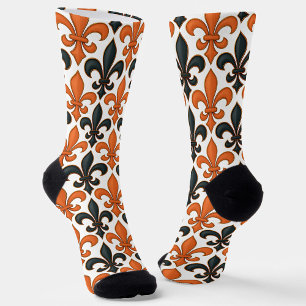 Orange Black Baroque Fleur-de-lis Pattern Design Socks