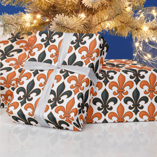 Orange Black Baroque Fleur-de-lis Pattern Design  Wrapping Paper