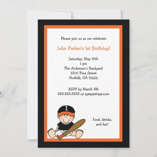Orange & Black Baseball 1st Birthday Party Invite (Front)