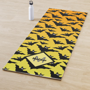 Orange black bats Halloween pattern Monogram Yoga Mat