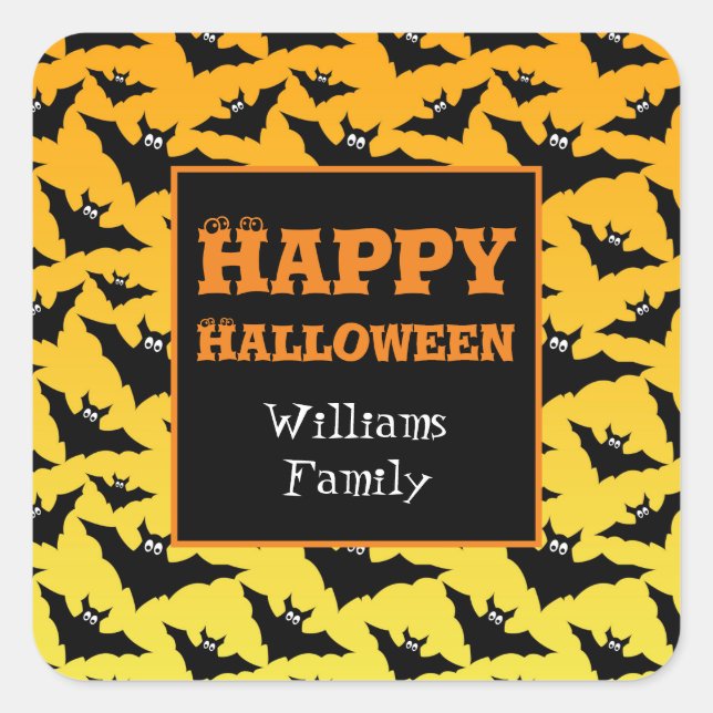 Orange black bats Halloween pattern Personalise Square Sticker (Front)