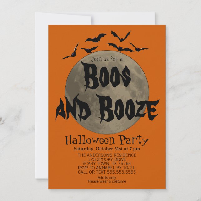 Orange Black Boos and Booze Halloween Invitation (Front)