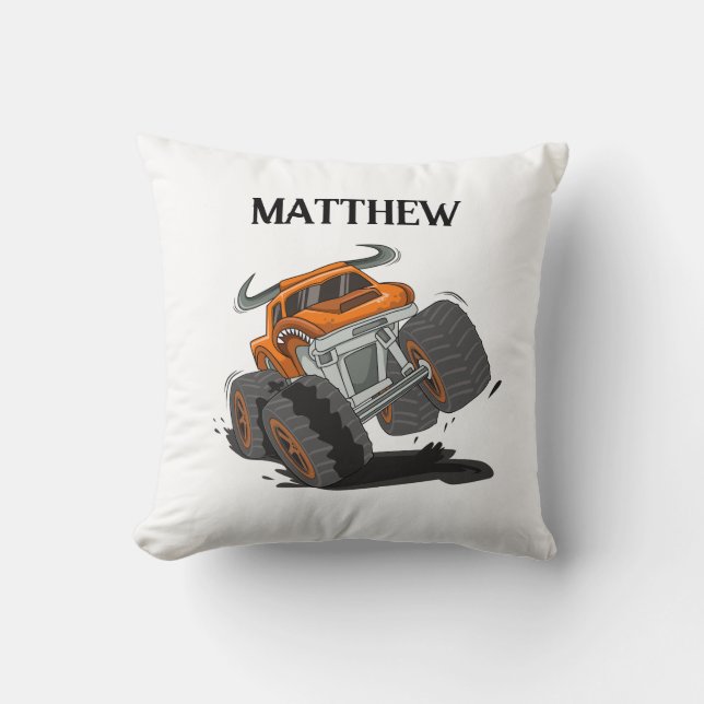 Orange Black Boys' Monster Truck Name Personalised Cushion (Front)