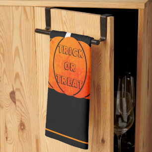 Orange Black Cat Pumpkin Trick or Treat Halloween Tea Towel