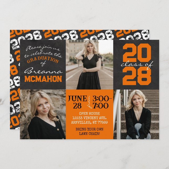 Orange & Black Chalkboard 3 Photo Graduation Invitation (Unique Trendy Orange and Black Graduation 3 Photo Chalkboard Invitations)