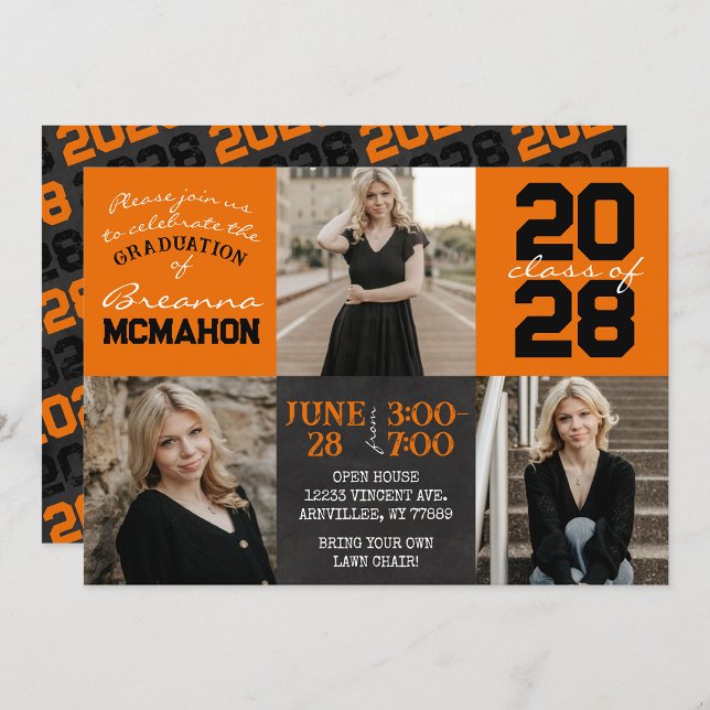 Orange & Black Chalkboard 3 Photo Graduation Invitation (Creator Uploaded)