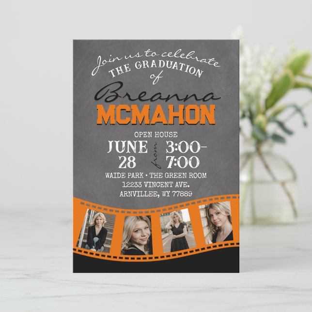 Orange & Black Chalkboard Photo Filmstrip Grad Invitation ( Repeating Class Year 1 & 2 Photo Graduation Invitations & Announcements)