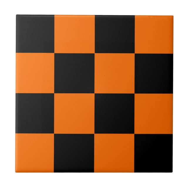 Orange Black Chequered Check Pattern Ceramic Tile (Front)