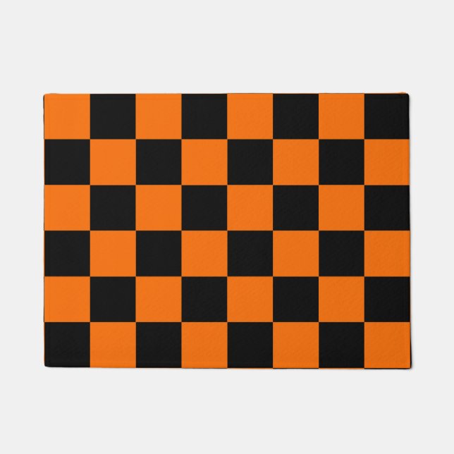 Orange Black Chequered Check Pattern Doormat (Front)