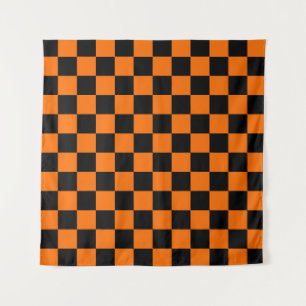 Orange Black Chequered Check Pattern Tapestry