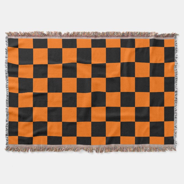 Orange Black Chequered Check Pattern Throw Blanket (Front)