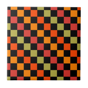 Orange Black Chequered Gingham Pattern Ceramic Tile