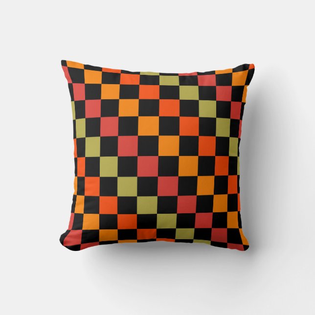 Orange Black Chequered Gingham Pattern Cushion (Front)