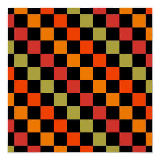 Orange Black Chequered Gingham Pattern Poster (Front)