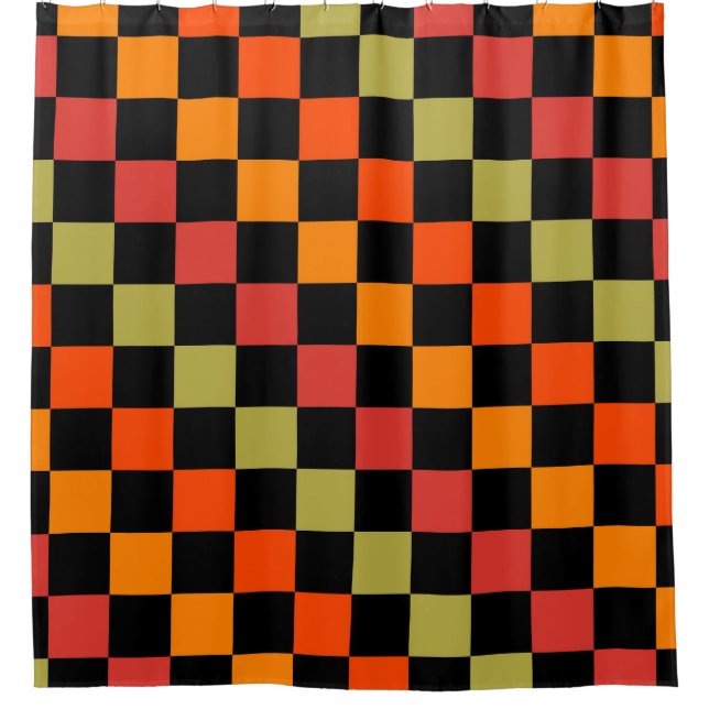 Orange Black Chequered Gingham Pattern Shower Curtain (Front)