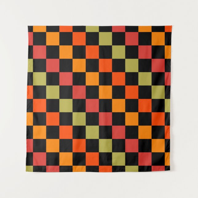 Orange Black Chequered Gingham Pattern Tapestry (Front)