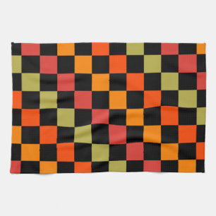 Orange Black Chequered Gingham Pattern Tea Towel