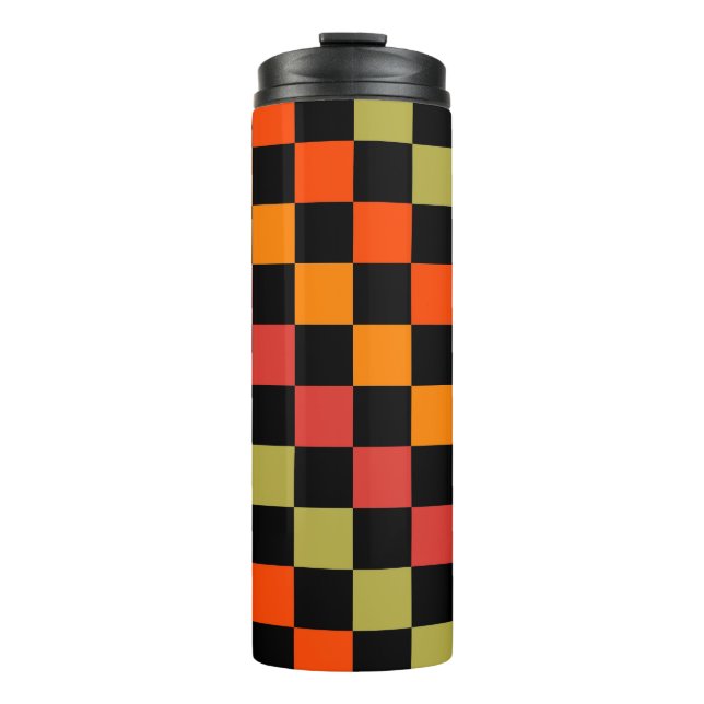 Orange Black Chequered Gingham Pattern Thermal Tumbler (Front)
