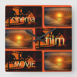 Orange & Black Cinema Film Movie Collage Square Wall Clock