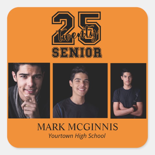 Orange Black Class 2025 Graduation Photo Square Sticker (Front)