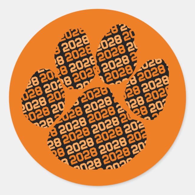 Orange & Black Class Year Pawprint Classic Round Sticker (Front)