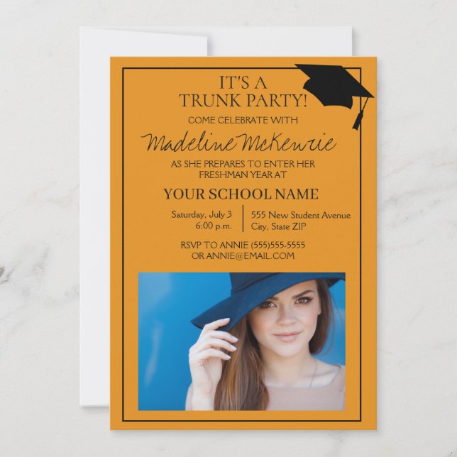 Orange Black College Trunk Party Photo Invite (Front)