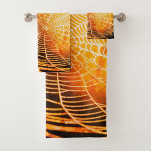 Orange Black Creepy Spooky Spider Web Bath Towel Set